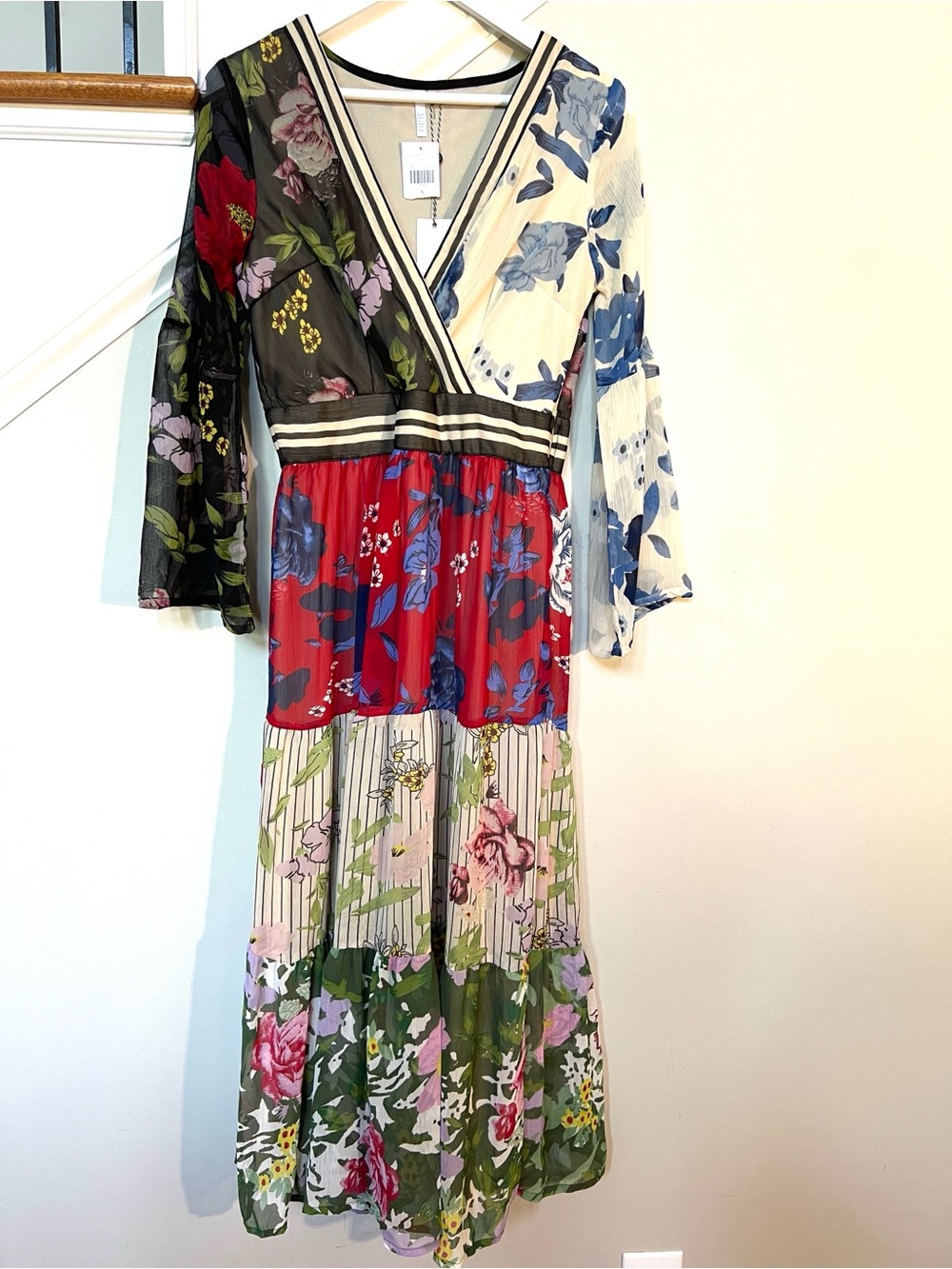 Kaktus Patchwork Mixed Floral Tier Transitional Fall Maxi Dress Flowy boho S NEW